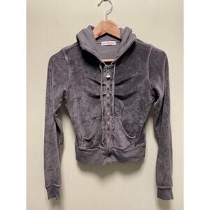 Rebecca Beeson Juniors Track Jacket Size 1 Gray Velour Hooded Ruched Grunge Y2K